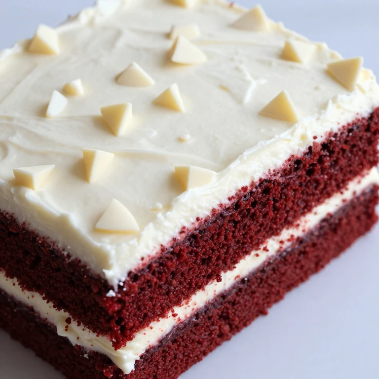 Red velvet sheet cake with white cream cheese frosting and white chocolate shards