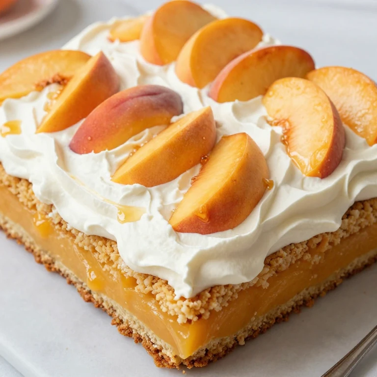 Peach sheet cake with whipped cream and overlapping fresh peach slices