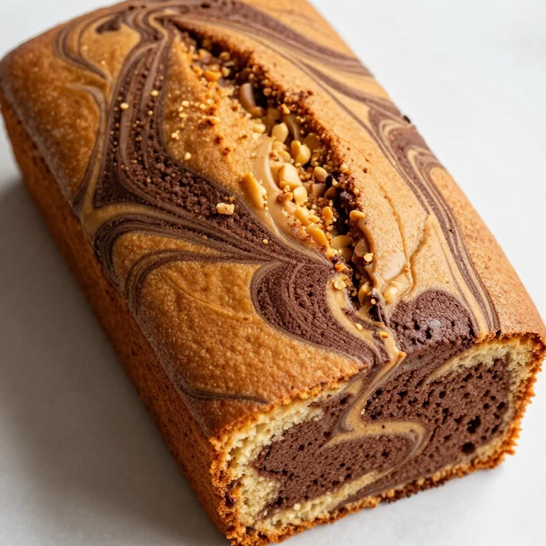 Peanut butter marble sheet cake with brown cocoa and tan peanut butter swirls