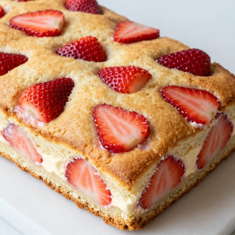 Strawberry snack cake topped with fresh red strawberry slices