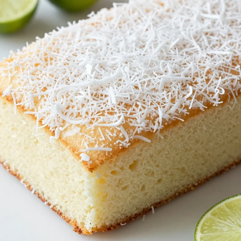 Coconut lime sheet cake with shredded coconut visible throughout
