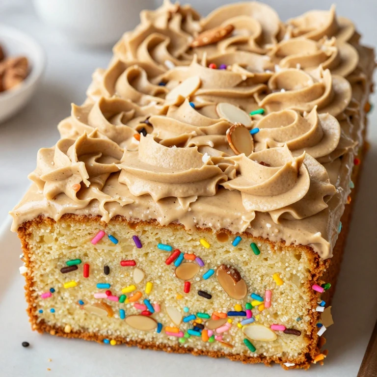 Almond confetti sheet cake with brown butter frosting and rainbow sprinkles
