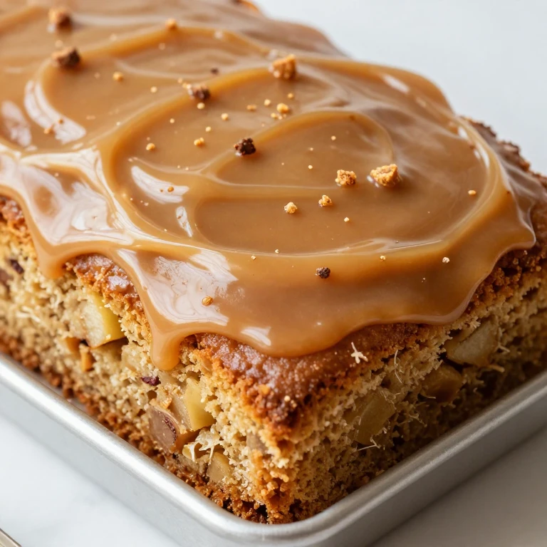 Caramel apple sheet cake with toffee bits and caramel frosting