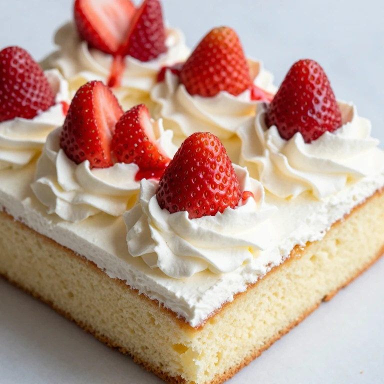 Strawberry shortcake sheet cake with whipped cream and fresh strawberries