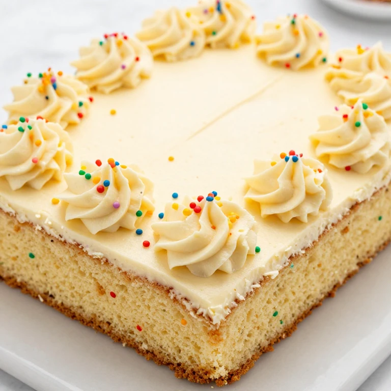 Golden vanilla sheet cake with colorful rainbow sprinkles throughout and on top