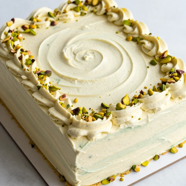 Pistachio white chocolate sheet cake with pistachio buttercream and chopped pistachios