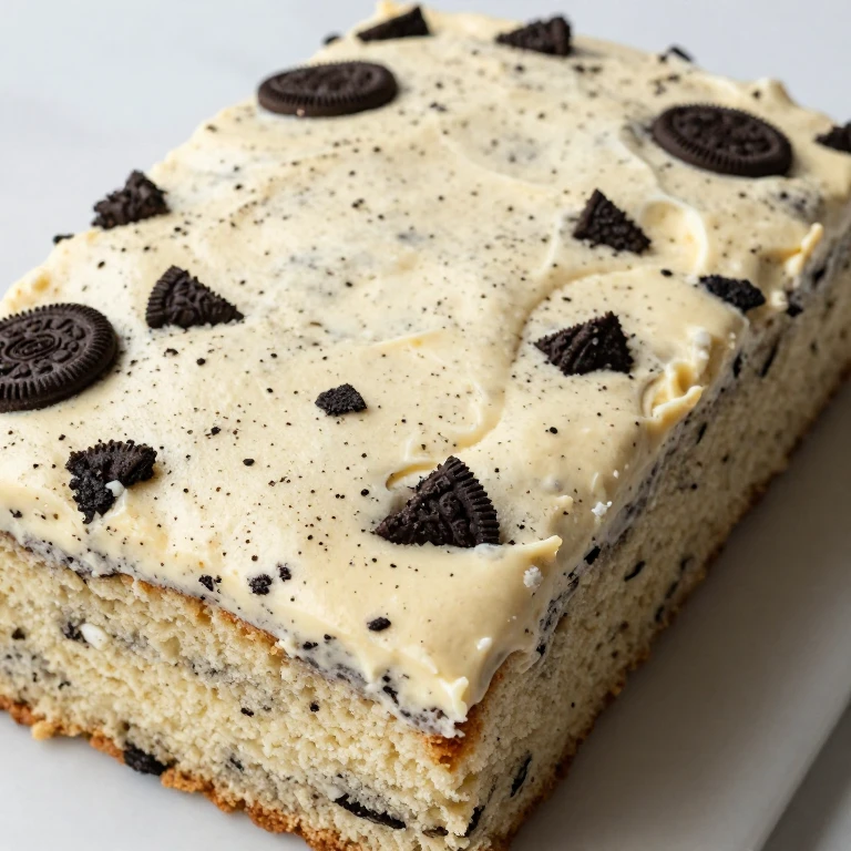 Vanilla sheet cake with crushed Oreo cookies creating dark speckled pattern throughout