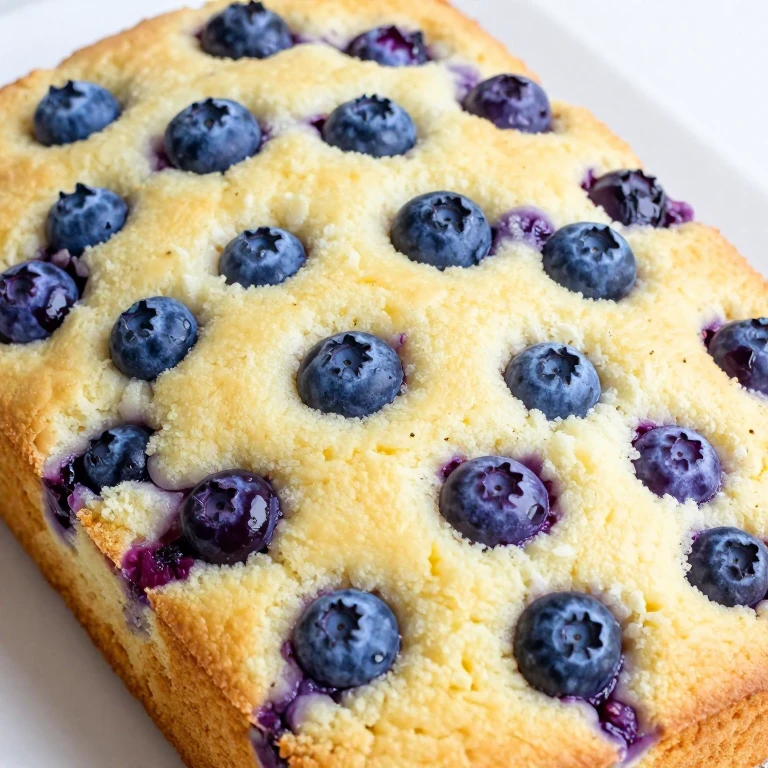 Golden lemon cake studded with fresh plump blueberries throughout entire surface