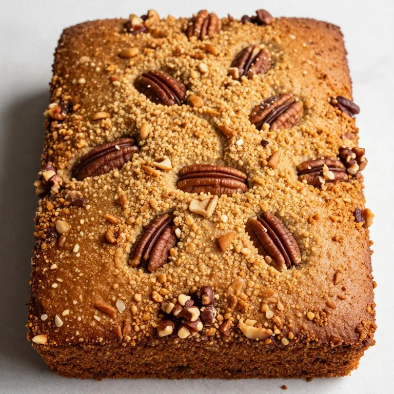 Golden-brown sheet cake with toasted pecans or walnuts creating nutty speckled texture