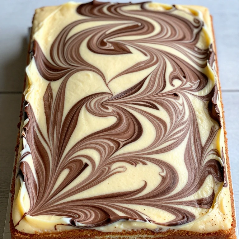 Marble sheet cake with dramatic vanilla and chocolate swirled pattern throughout