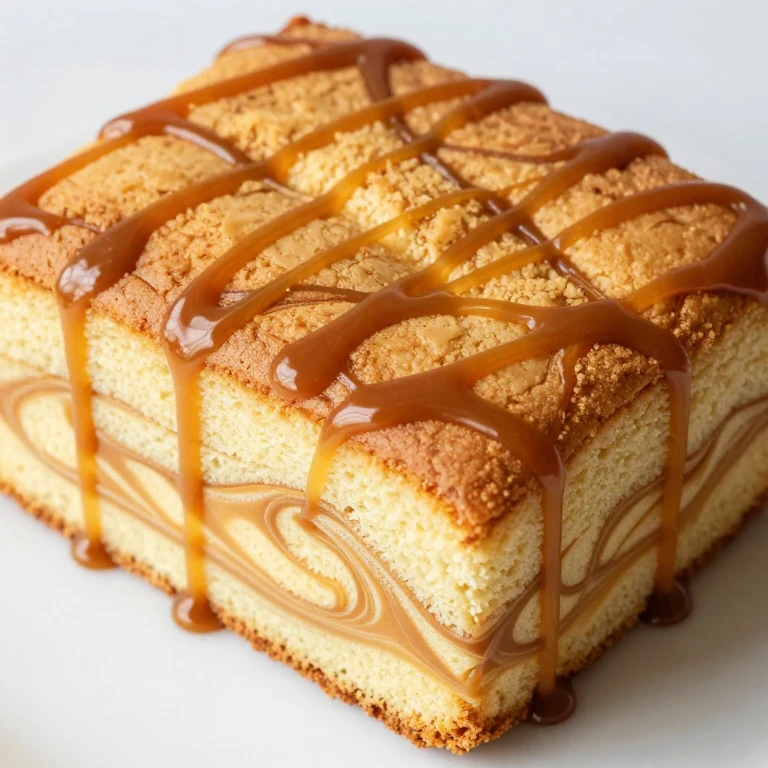 Golden vanilla sheet cake with rich amber salted caramel sauce swirled throughout