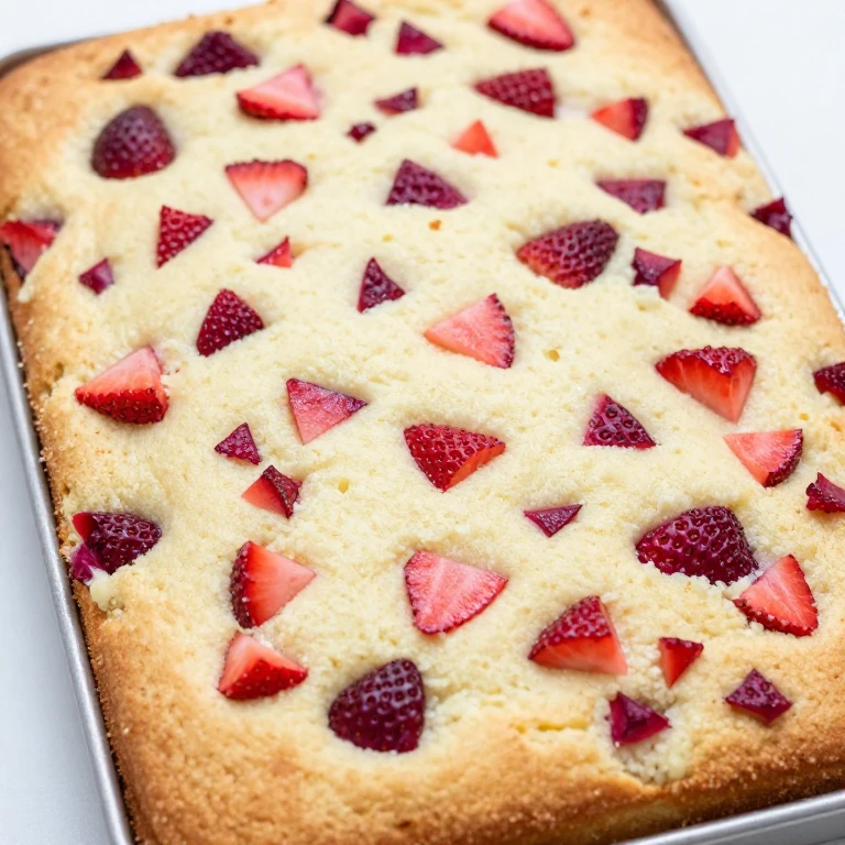 Light vanilla sheet cake with fresh diced strawberries creating pink-red speckled appearance
