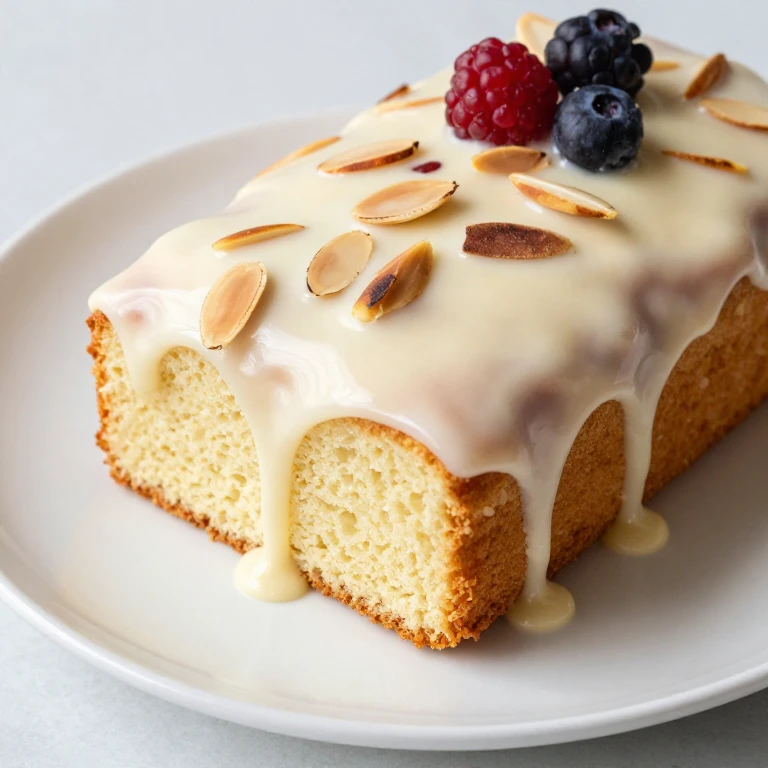 Golden almond sheet cake with white glaze and toasted almond topping