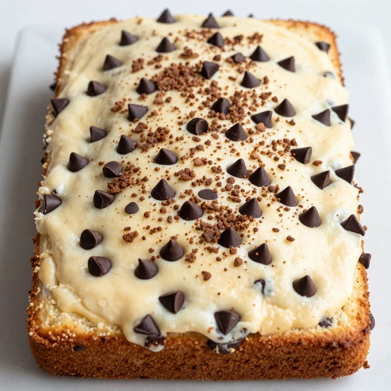 Pale mint-vanilla sheet cake dotted with dark chocolate chips throughout entire cake