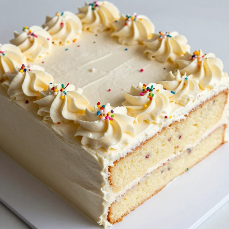 rectangular birthday sheet cake with confetti buttercream frosting and pearl sprinkles