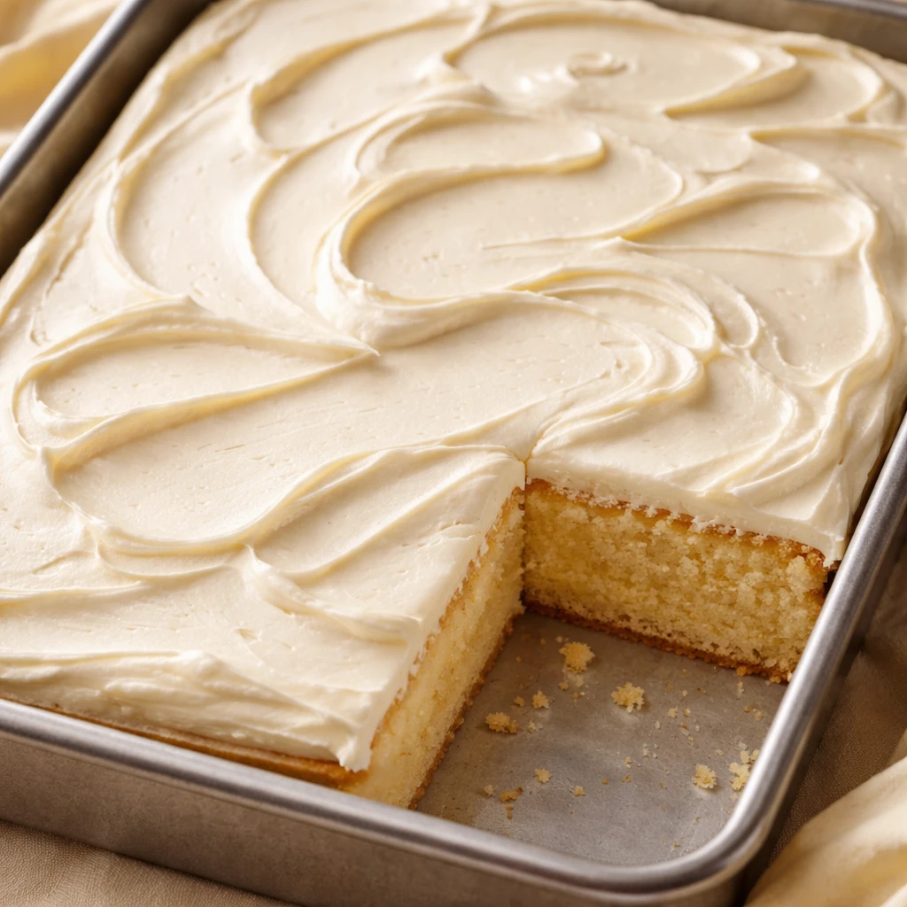 Golden sheet cake with fluffy vanilla buttercream frosting in rectangular pan