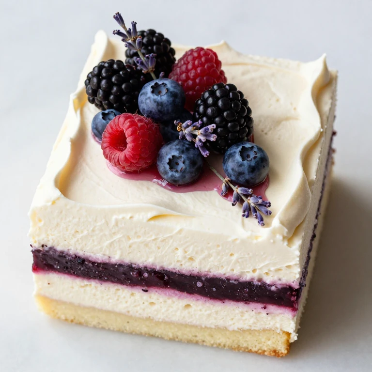 Vanilla bean cake with berry compote, fresh mixed berries, and lavender sprigs on top