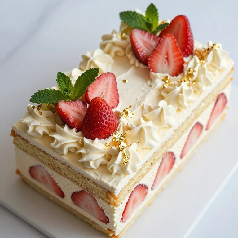 Champagne strawberry cake with buttercream, fresh strawberries, edible gold leaf, and mint