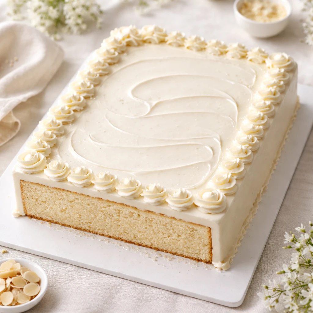elegant wedding sheet cake with vanilla-almond buttercream frosting on white board