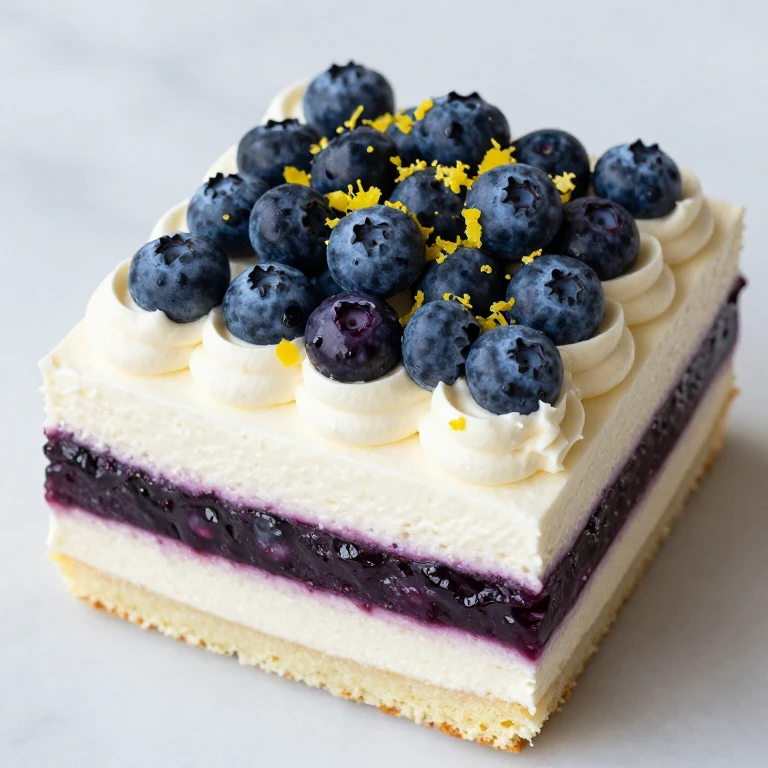 Blueberry lemon cake with cream cheese frosting, blueberry compote, fresh berries, and lemon zest