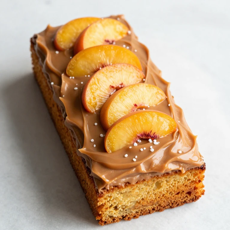 Peach bourbon cake with bourbon caramel frosting, candied peach slices, and fleur de sel