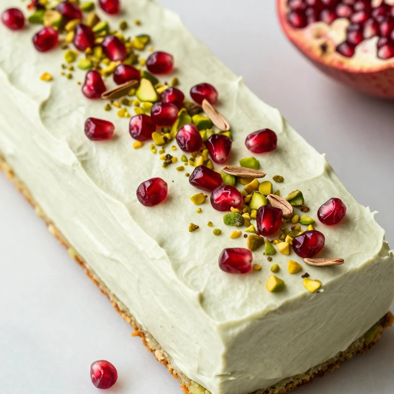 Pistachio cardamom cake with whipped mascarpone, pomegranate seeds, pistachios, and cardamom pods