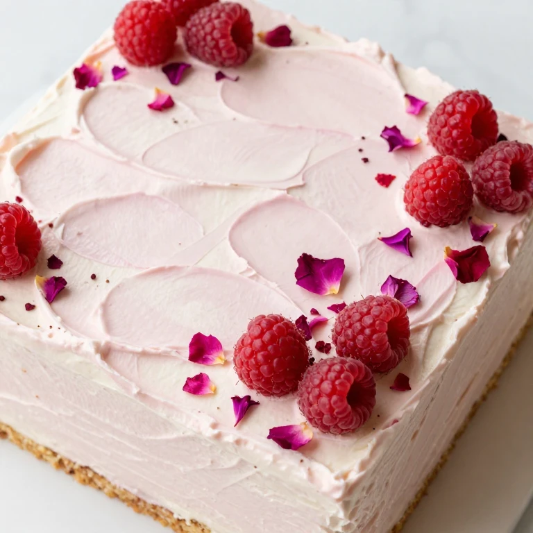 Almond raspberry cake topped with rose buttercream, fresh raspberries, and candied rose petals
