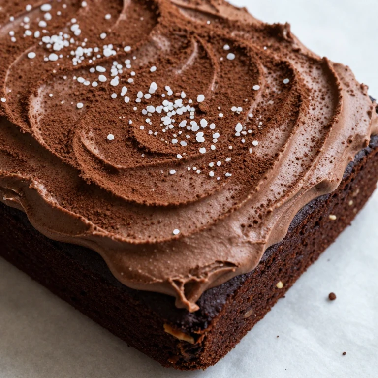 Brown butter chocolate cake with malt frosting, cocoa powder, and fleur de sel garnish