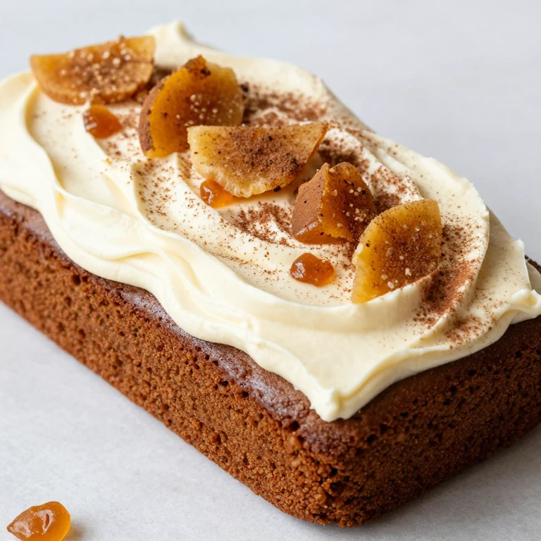Cinnamon brown butter cake with cream cheese frosting, candied ginger slices, and cinnamon