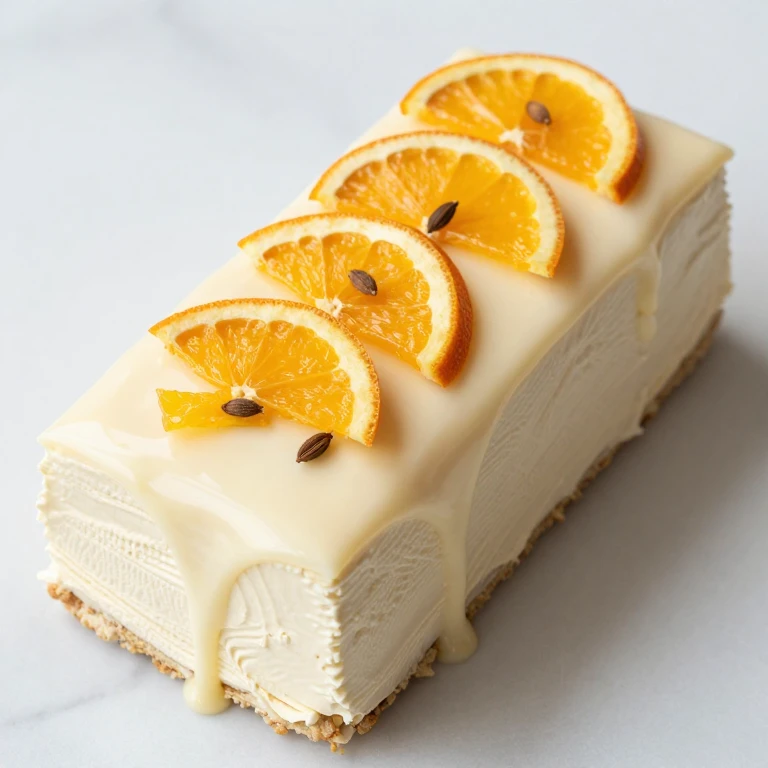Cardamom orange cake with white chocolate ganache, candied orange slices, and cardamom pods