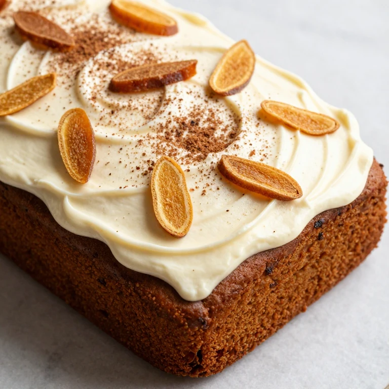 Chai spiced cake with maple cream cheese frosting, candied ginger, and cinnamon garnish