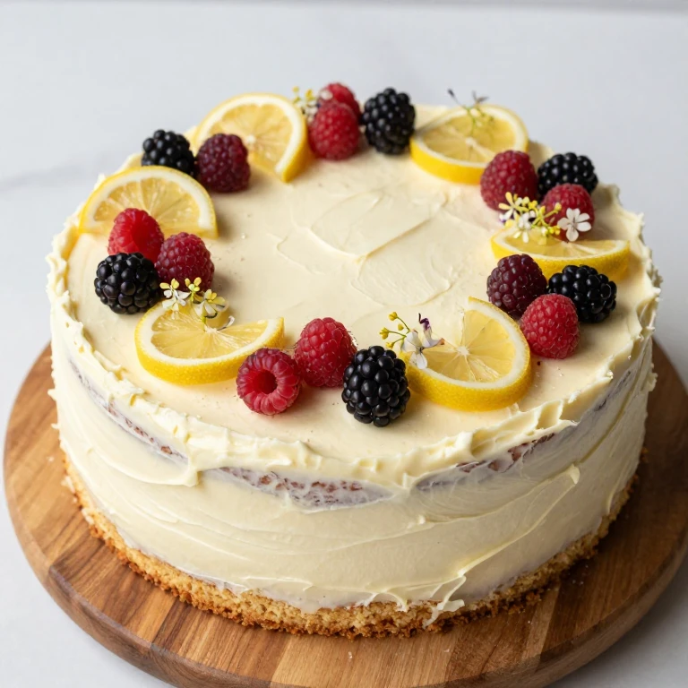 Rustic lemon elderflower wedding sheet cake with berries and edible flowers