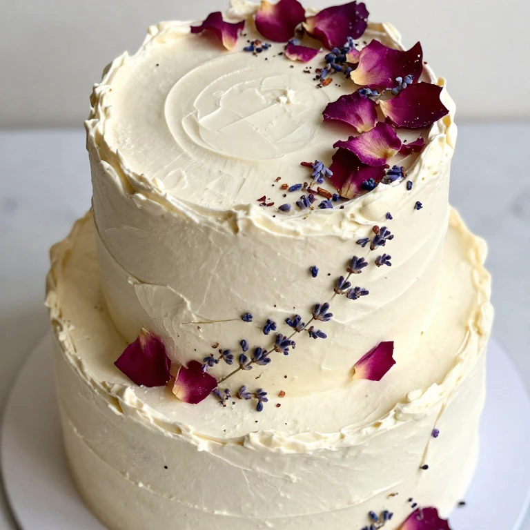 Rustic layer cake with textured buttercream and scattered dried flower petals