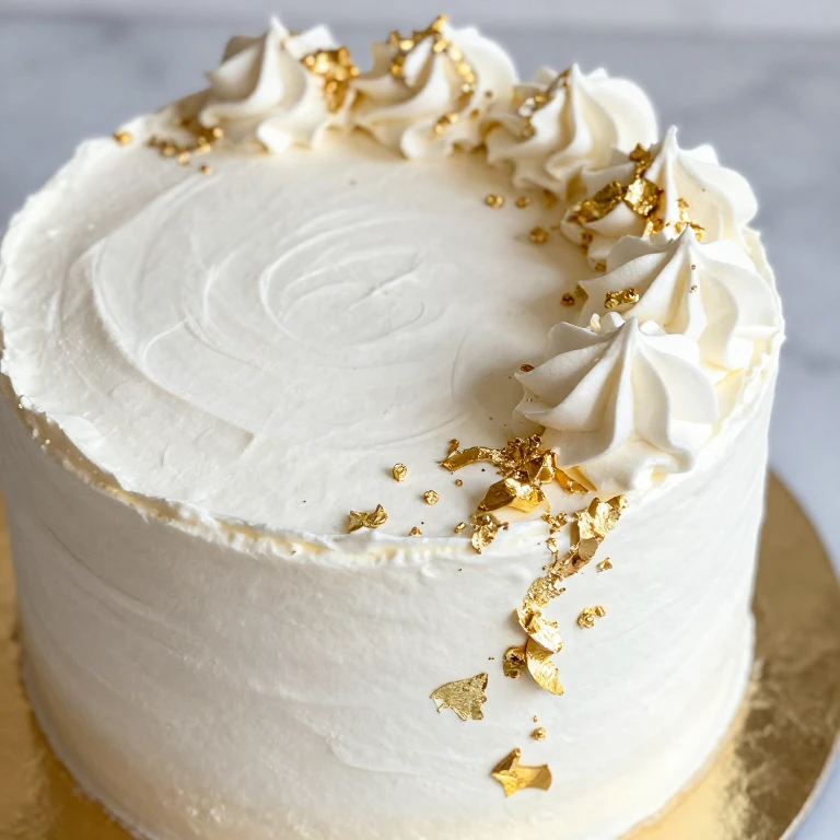 Elegant white cake with edible gold leaf accent clusters on top corner and side