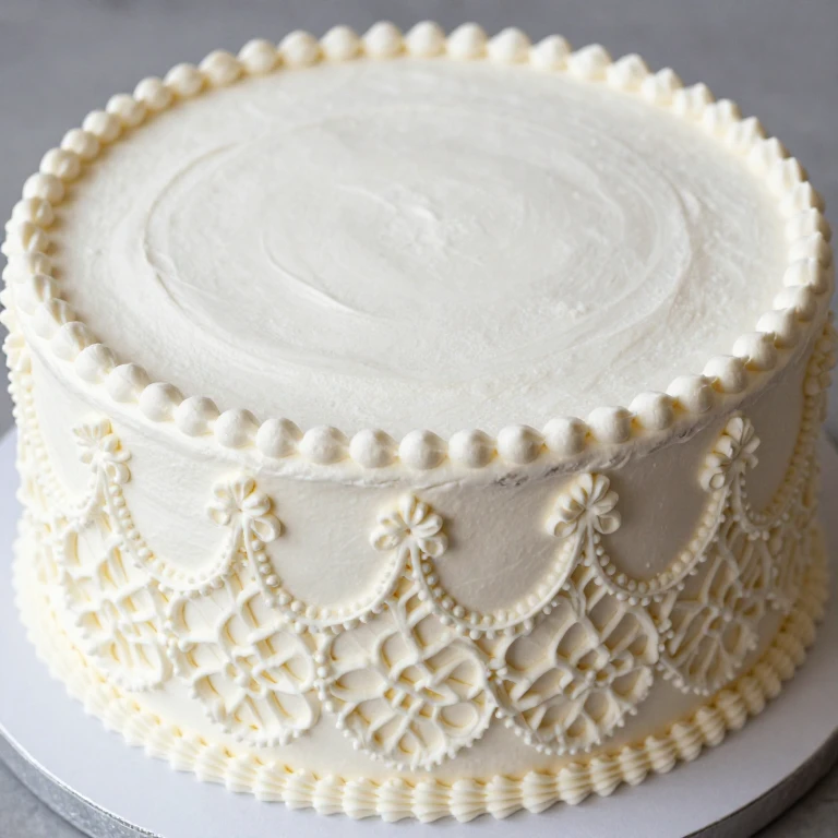 Elegant white cake with smooth finish and delicate piped lace side detail