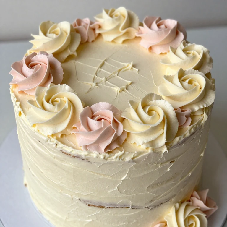 Textured layer cake with piped buttercream rosettes scattered across peaked frosting