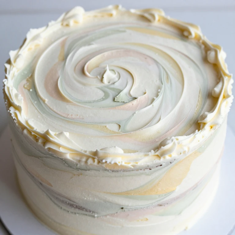 Artistic layer cake with marbled buttercream swirl in white and pastel tones