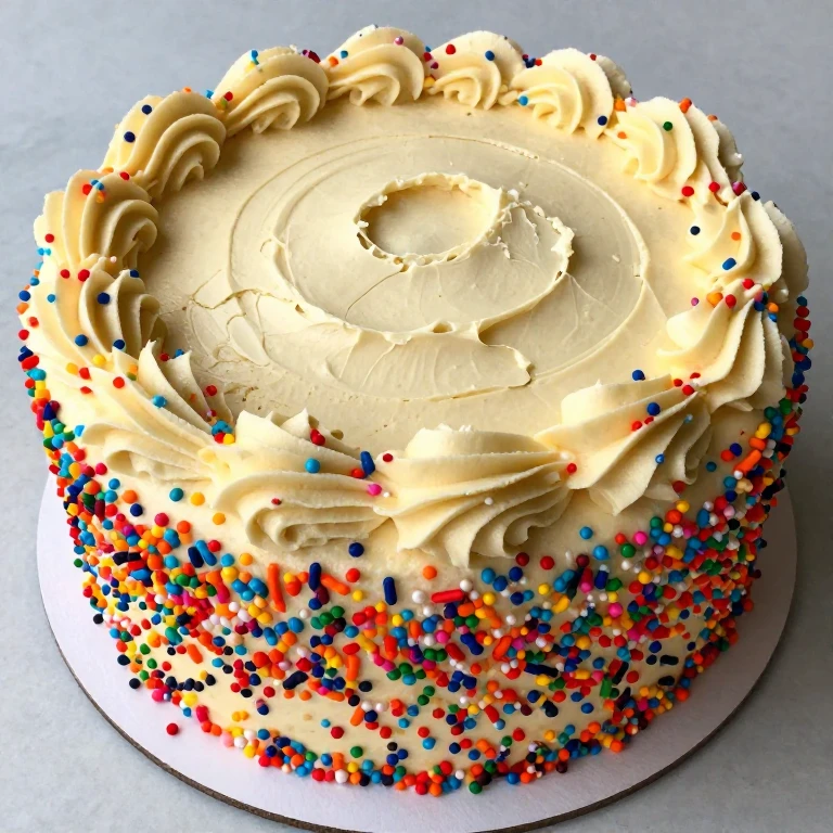 Festive rustic cake with textured buttercream and rainbow sprinkles coating sides