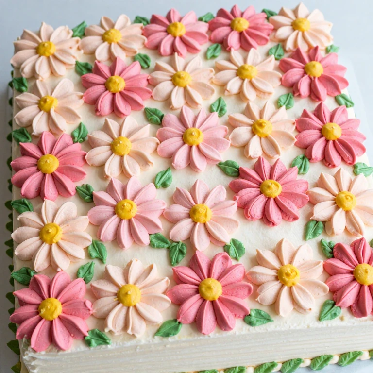 Sheet cake with gradient pink daisy flowers and yellow centers