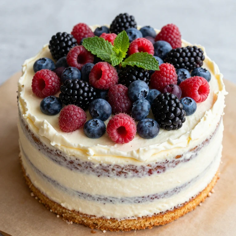 Rustic naked layer cake topped with fresh mixed berries and herb sprigs