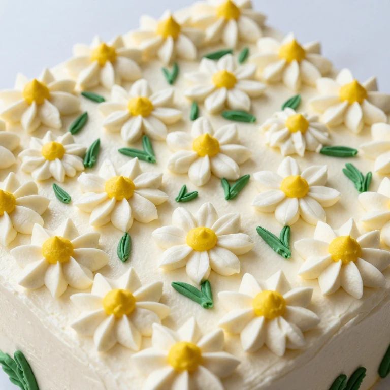 Sheet cake decorated with white daisy flowers and green leaves