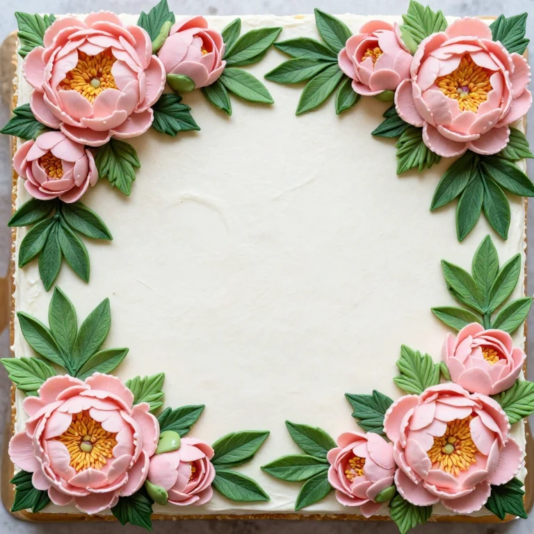 Sheet cake with green leaf border frame and pink peony flowers