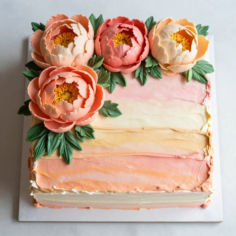 Sheet cake with multicolor sunset gradient buttercream peonies