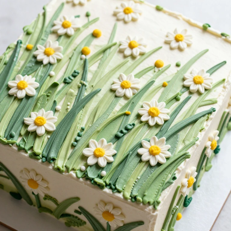 Sheet cake with white daisies and tall green grass strokes