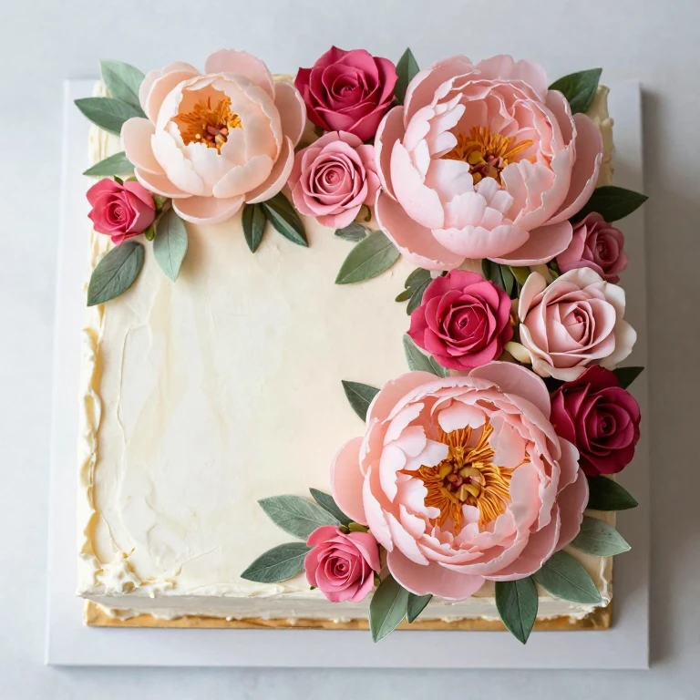 Sheet cake with blush peonies, deep pink roses, and green leaves