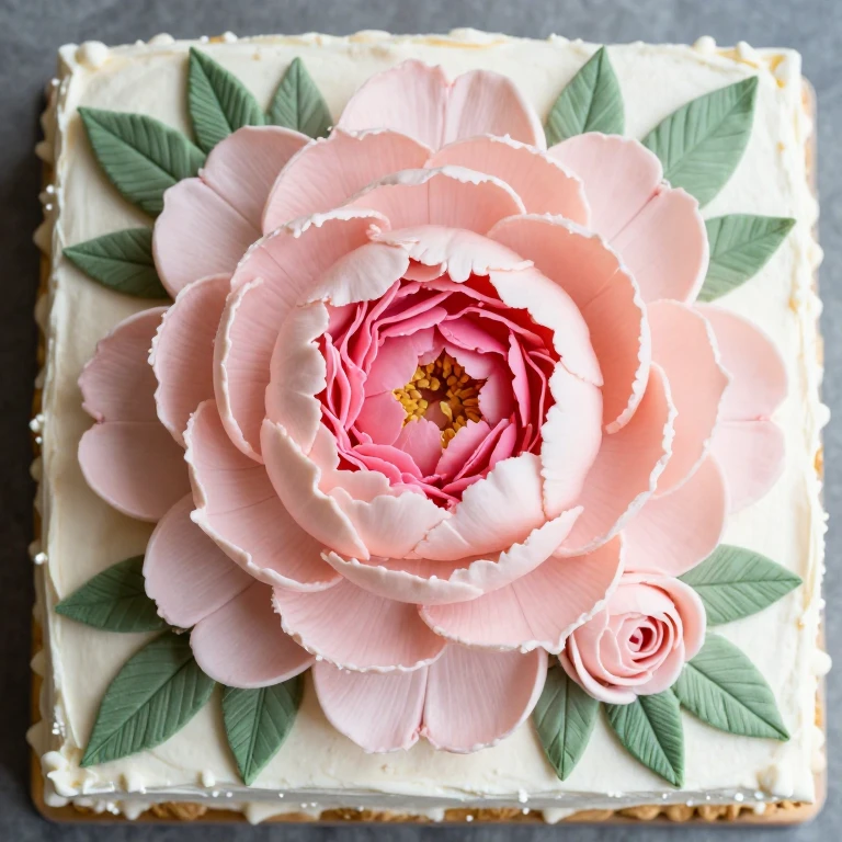 Sheet cake with large statement peony focal point and supporting flowers