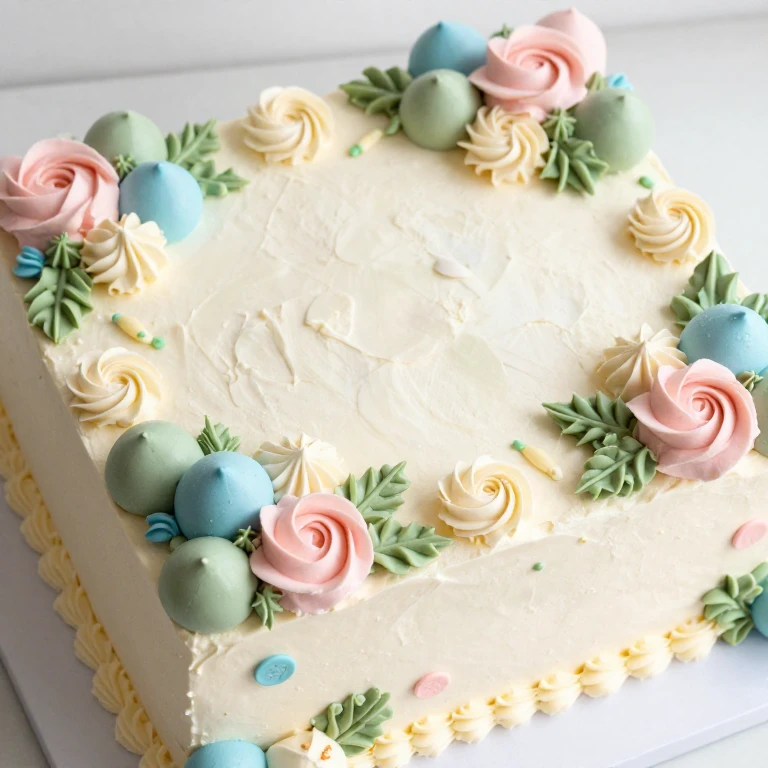 decorated sheet cake with piped flowers, balloons, and rosettes in pastel buttercream colors