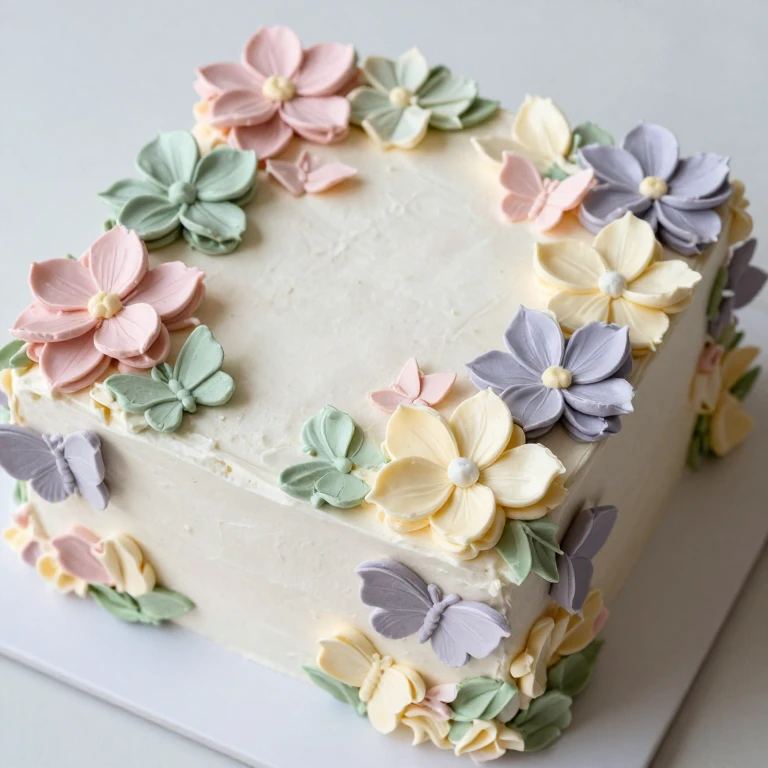 Pastel buttercream flowers and butterflies decorated sheet cake, overhead view