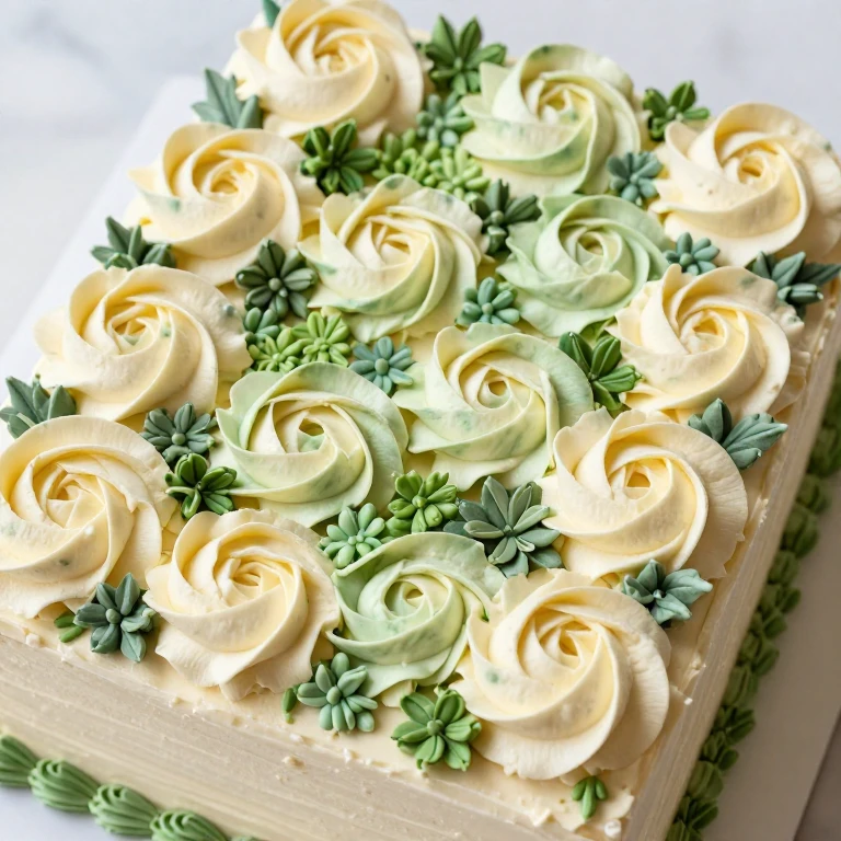Sheet cake decorated with cream rosettes and layered green foliage