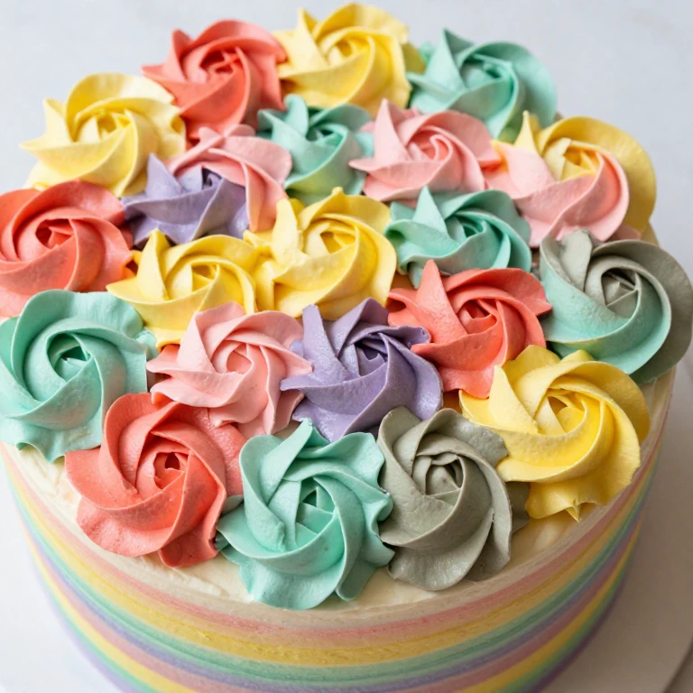 Sheet cake covered with multicolor rainbow buttercream rosettes